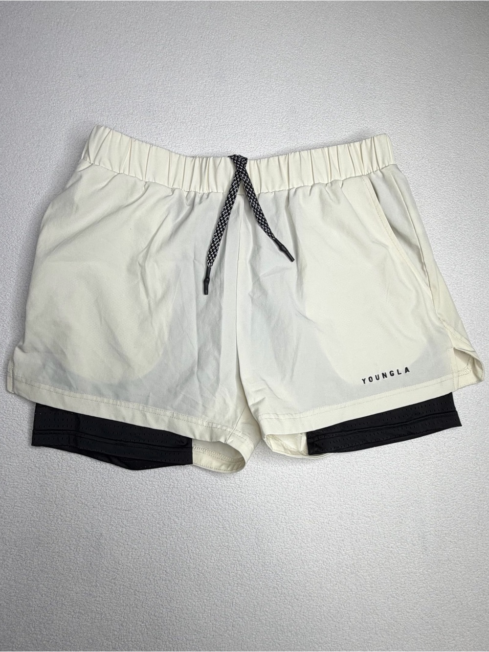 YoungLA Swift 2-in-1Compression Liner Shorts•Cream/Black Mesh Built in Liner - Picture 2 of 9